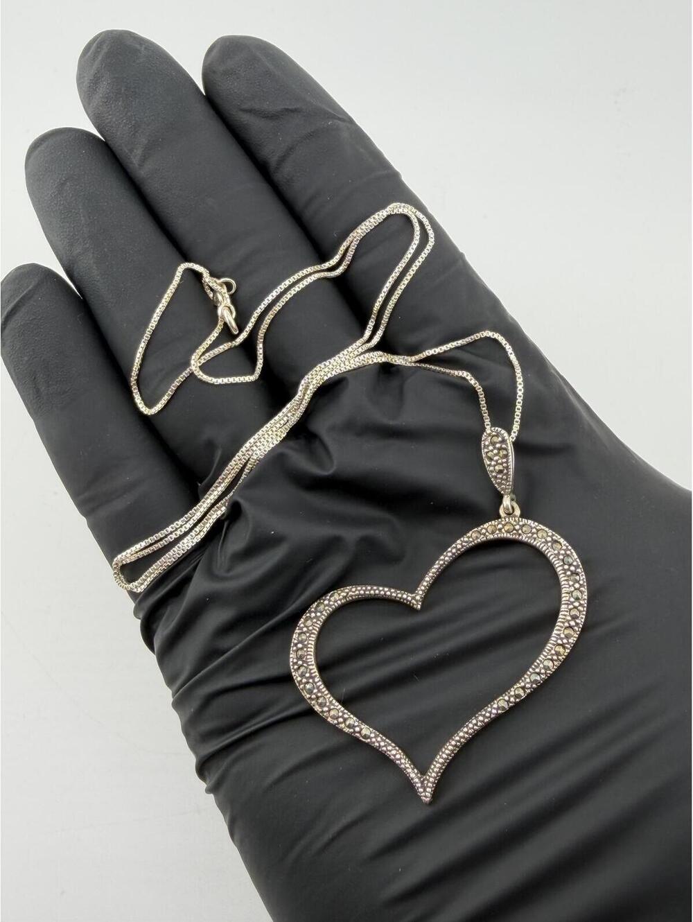 Sterling Silver 925 Heart Necklace Marcasite Vintage Style 8g